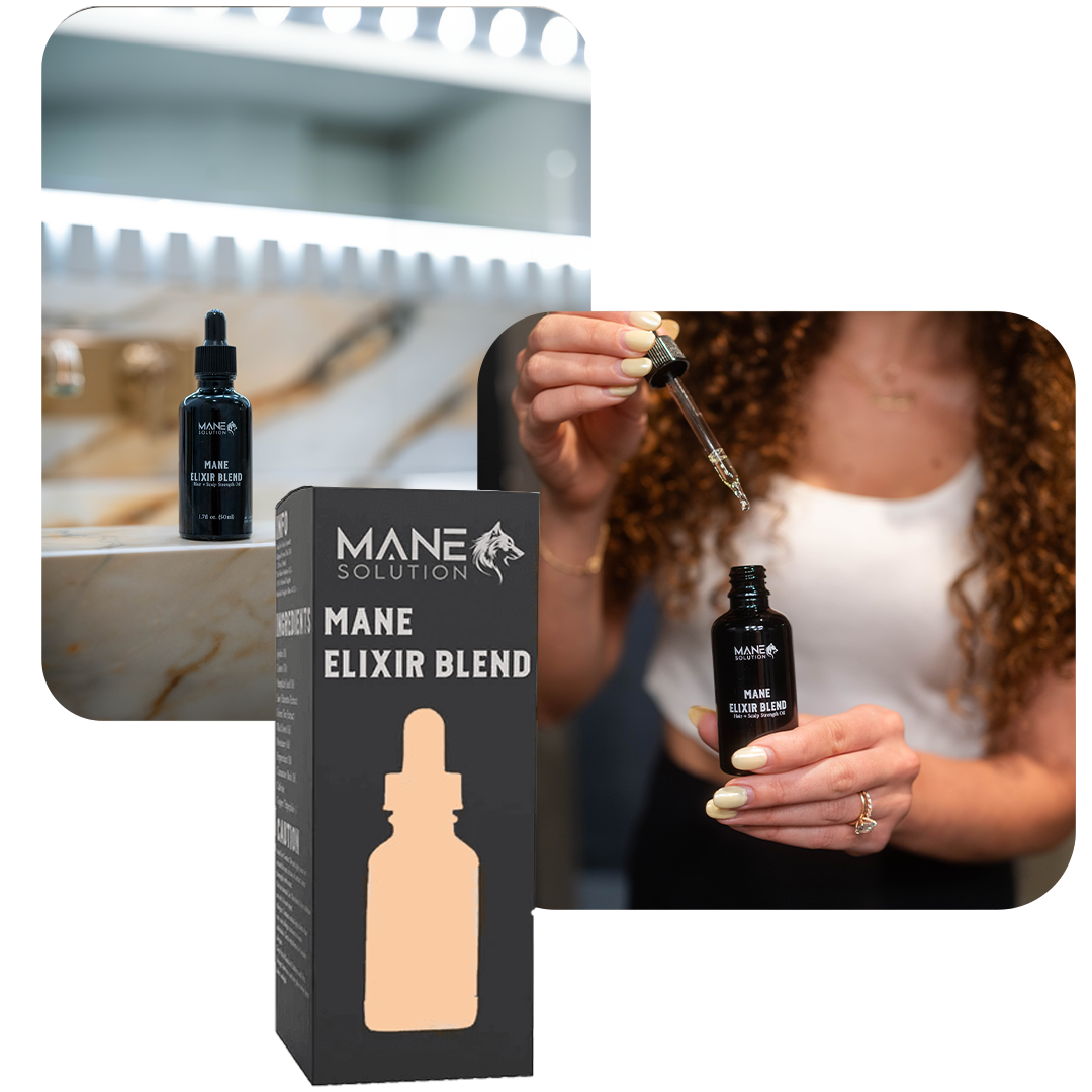 Promotional graphic for Mane Elixir Blend featuring a bottle on a counter and a woman applying the hair oil, highlighting the benefits of top-tier ingredients for hair growth.